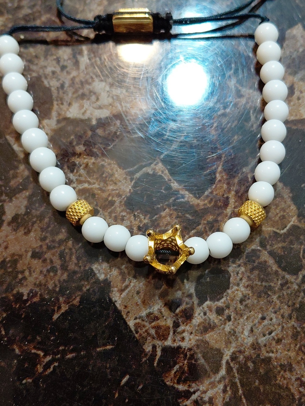Adjustable Gold Rhinestone Crown & White Beaded Charm Bracelet - Picture 3 of 5